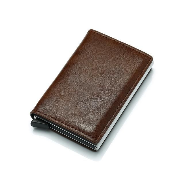 BasicX RFID-Blocking Vintage Leather Wallet Slim Metal Card Holder - Brown