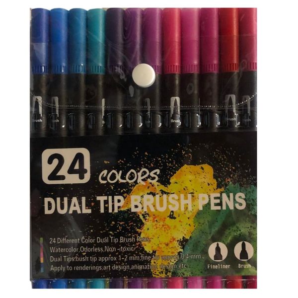 Dual Tip Brush Pen Fineliner Colour Marker set of 12