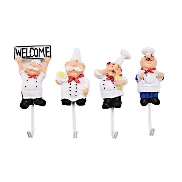 Resin French Chef Figurine Wall Hooks Hanger - 4 Pack