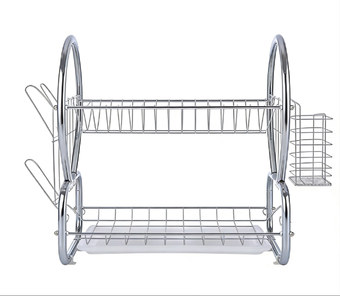 Stainless Steel 2-Tier Kitchen Dish Rack with Cup and Utensil Holders