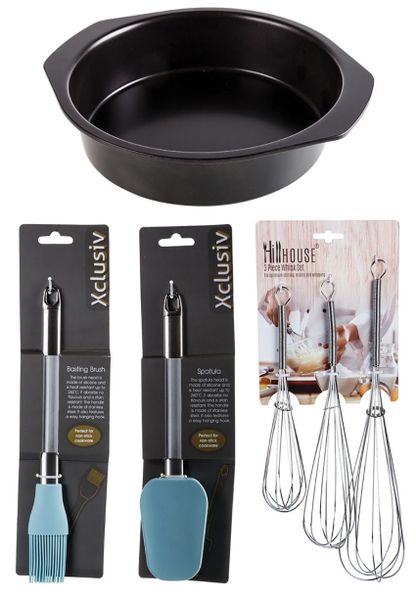 Non Stick Cake Pan Round 20x4.5cm + Silicone Spatula + Pastry Brush+ 3pc Whisk 30, 25 &amp; 20cm
