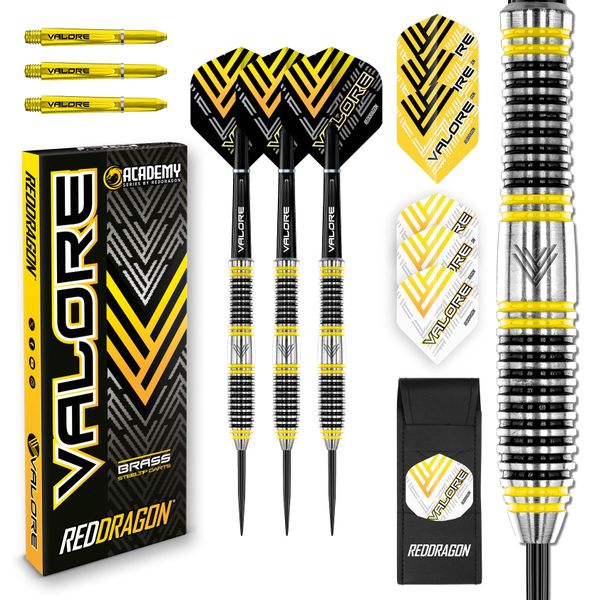 Red Dragon Valore 22g Brass Steel Tip Darts Set - Flights, Shafts &amp; Wallet