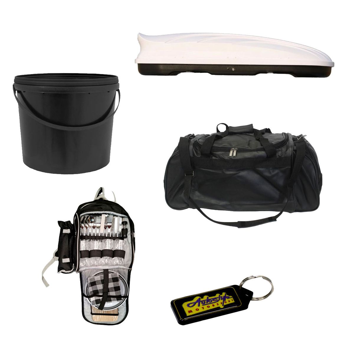 Roof Storage Box White & Duffel Bag & Picnic Bag & 5L Bucket