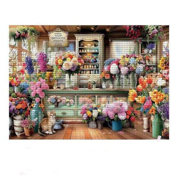 Colorful Flower Shop Scene with Cat Diamond Art Kits for Adults