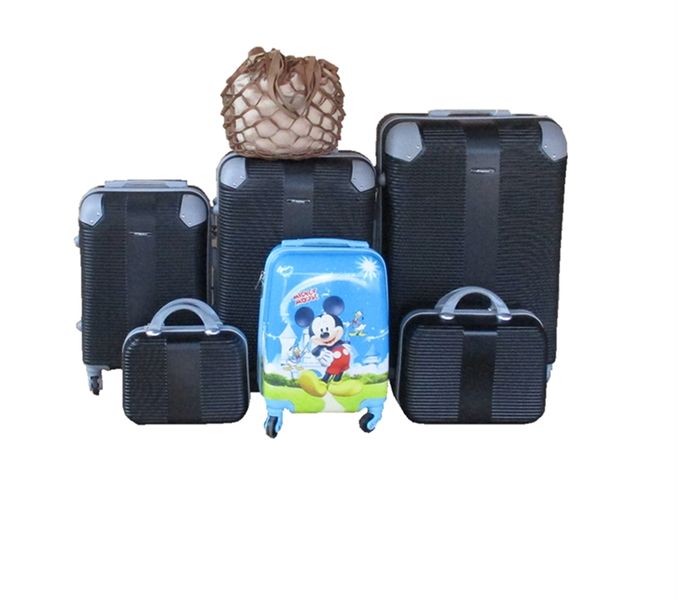 5-Piece ABS Luggage Set with Mickey Mouse Kids Case and Ladies' Bag - Black