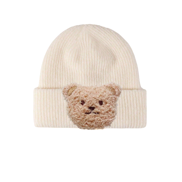 Adorable Cream Teddy Bear Ribbed Knit Baby Beanie 0-6 Months