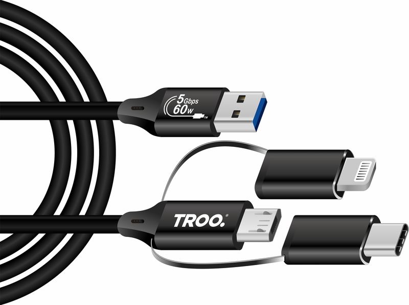 TROO Certified MFi 3-IN-1 iPhone Fast Charge Cable (Type-C-Micro-Lightning)