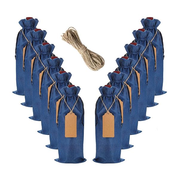 Reusable Burlap Wine Bag 12 Pcs Wine Bottle Gift Bags (Blue)