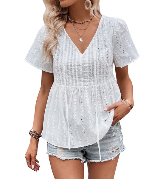 Women's White Eyelet Embroidery Summer Top Chic V-Neck Tie-Front Blouse