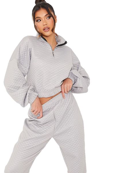 I Saw it First - Ladies Grey Wet-Look Quilted Half Zip Sweater