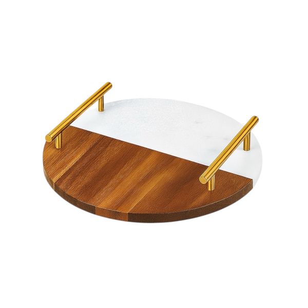 Luxury Round Marble and Wooden Platter with Gold Handles