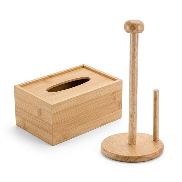 Bamboo Paper Towel Holder &amp; Tissue Box - 2-in-1 Eco-Friendly Kitchen Set