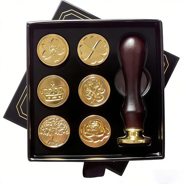7Pcs Wax Seal Stamp Metal Stamping Gift Box Set with Wooden Handle for Card
