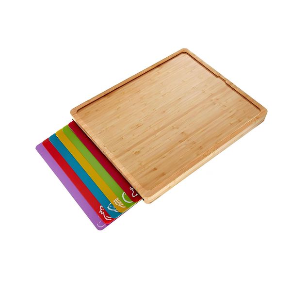 Bamboo Cutting Board With 6 Pieces Flexible Plastic Colored Cutting Mats