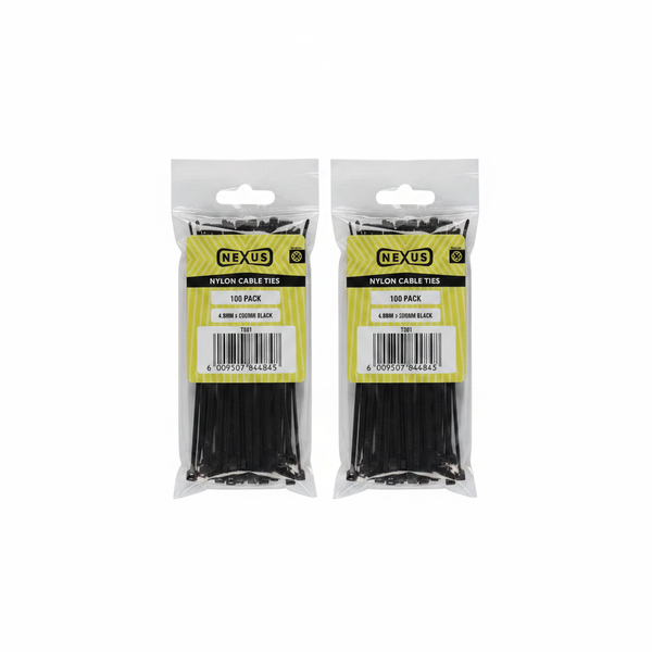 Nexus Black Cable Ties 4.8mm x 300mm - 100 Piece Heavy-Duty Pack - 2 Pack