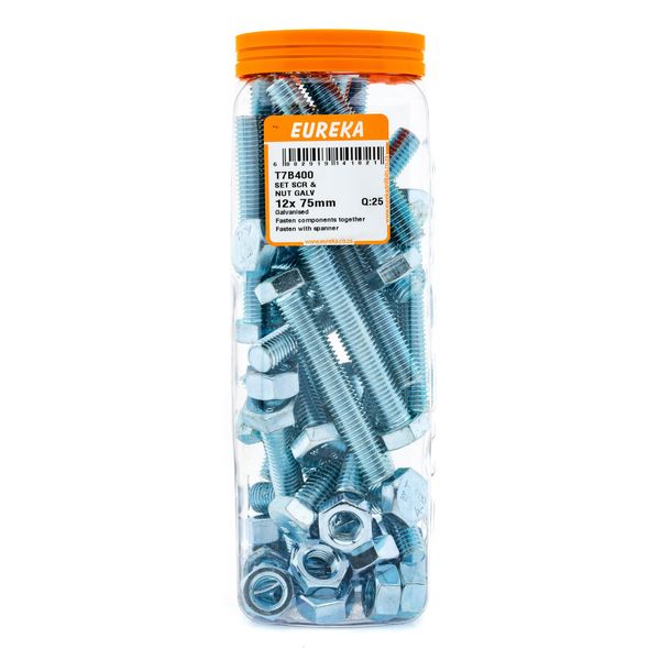 EUREKA Set Screw &amp; Nut Galvanised 12 x 75mm Q:25 T7B400