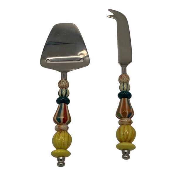 Cheese Server 2 Piece Set Colourful Beaded Handle - Blue
