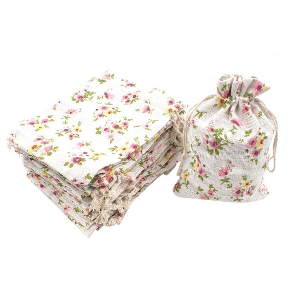 50Pcs Floral Burlap Drawstring Bags Linen for Christmas Wedding Party
