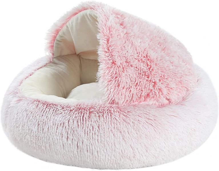 Fluffy Plush Cat Cave Round Hooded Donut Pet Bed In Pink Small Size