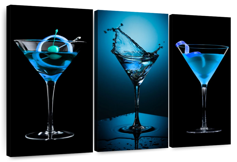 Canvas Art - Blue Cocktail 3 Piece Canvas Wall Art Living Bedroom Decor