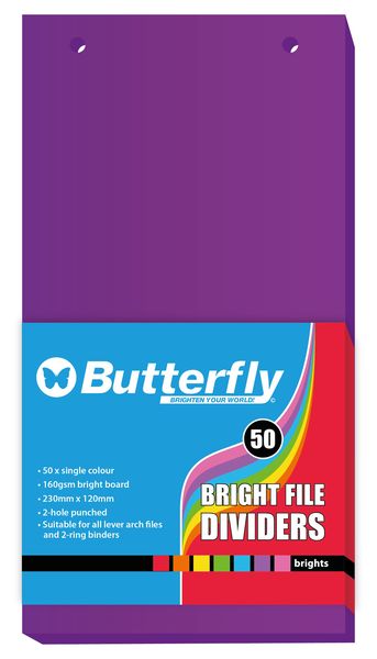 Butterfly File Divider 120mm X 230mm Bright Board - Pack Of 50 Purple