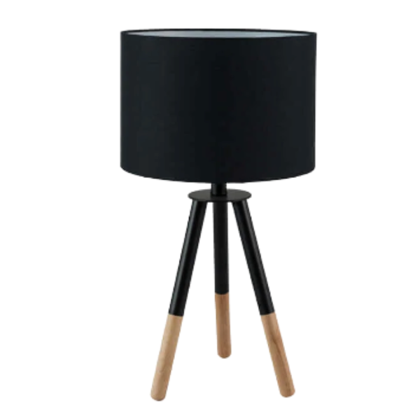 Ember Wooden Tripod Table Lamp with Black Fabric Shade - 53.3cm