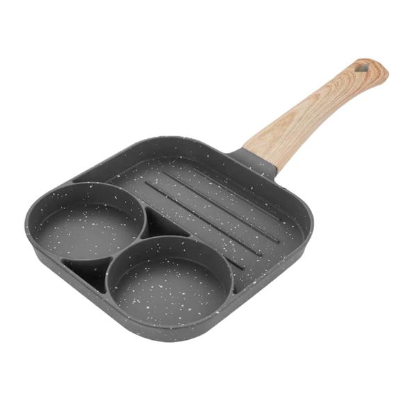 3 Compartment Carbon Steel Non-Stick Easy Breakfast Frying Pan - Black - 18CM