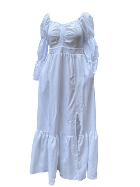 Ladies' White Long Sleeve Maxi Dress with Side Slit