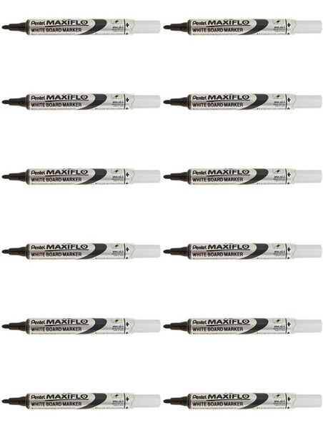 PENTEL Maxiflo Pump-It Whiteboard Marker Bullet Tip Black (12 Pack)