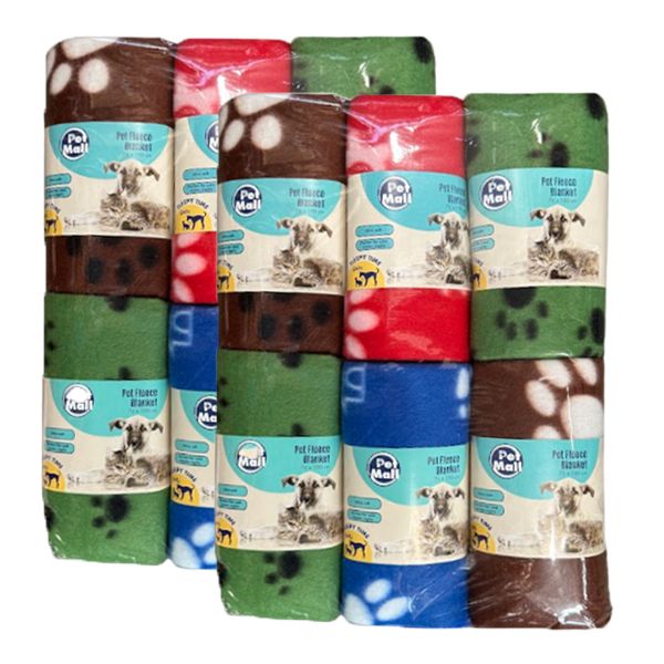 Pet Mall Pet Fleece Blanket Multi-Colour Paw Print (76 x 100cm) - 12 Pack