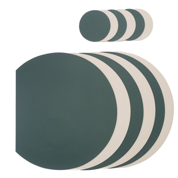 Leather Placemat and Coaster Set - Faux - Emerald and Cream