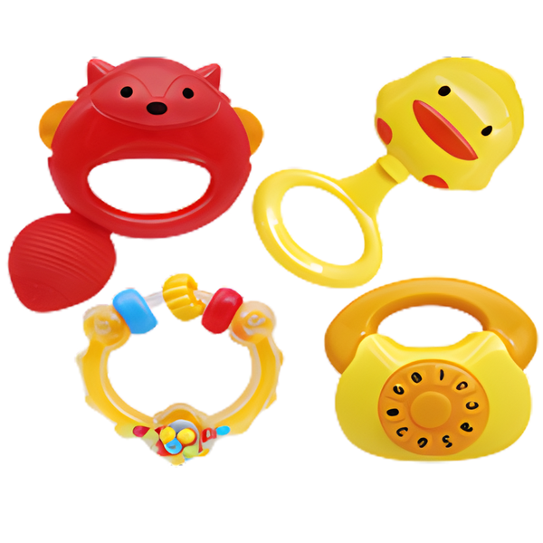 4-Piece Baby Rattle &amp; Teether Set Raccoon, Duck &amp; Phone