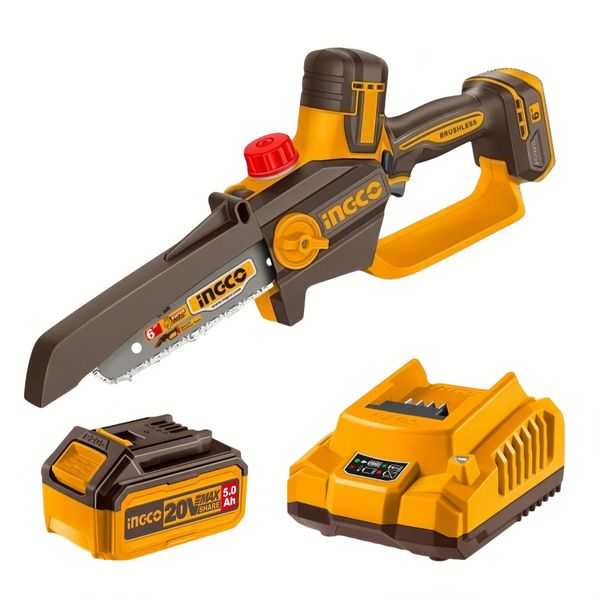 Ingco - Cordless Mini Chainsaw - 6 Inch Bar with 5.0Ah Battery and Charger