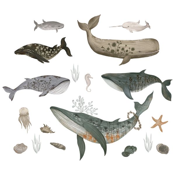 Mystical Swimming Whales Vinyl Art Sticker for Wall Decoration
