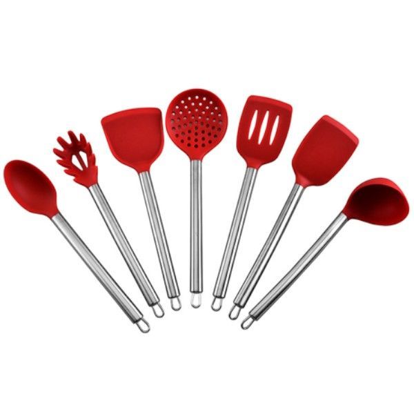 7-Piece Silicone &amp; Stainless Steel Kitchen Utensil Set - Red