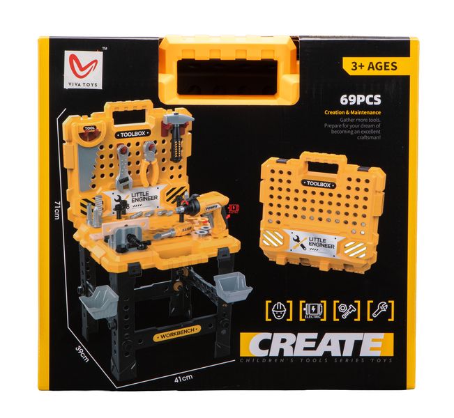 VIVA Toys Tool Table Set with Battery Operated Mini Screwdriver (69pcs)