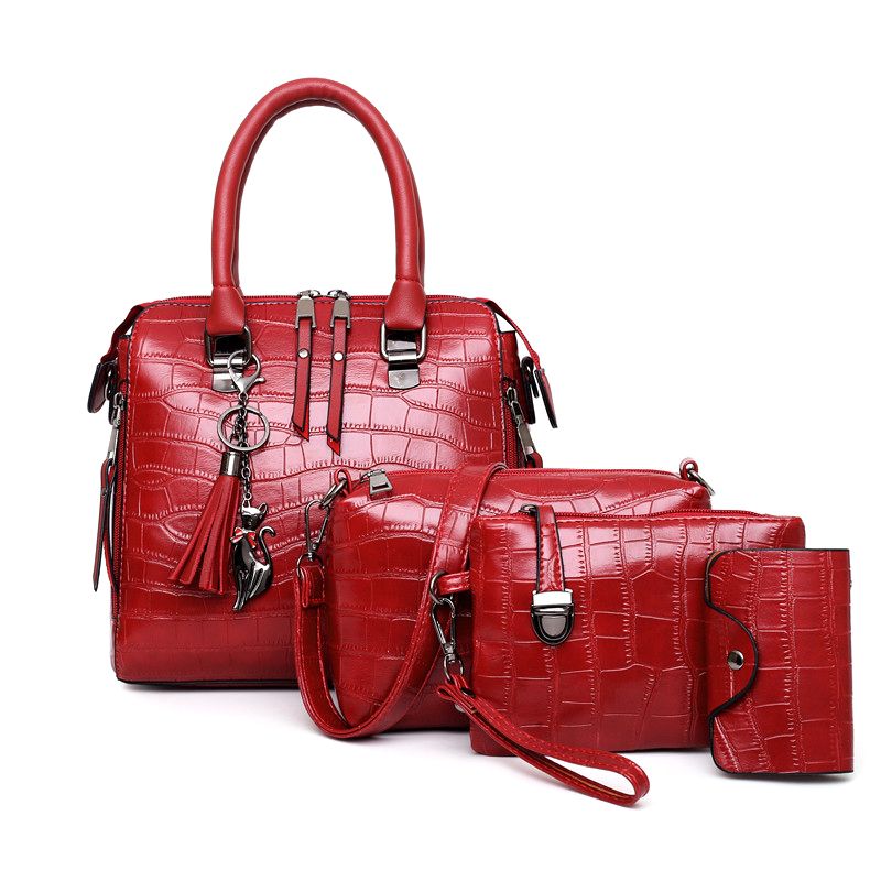 4-Piece PU Leather Alligator Pattern Women Shoulder Bag Handbags Bag Set
