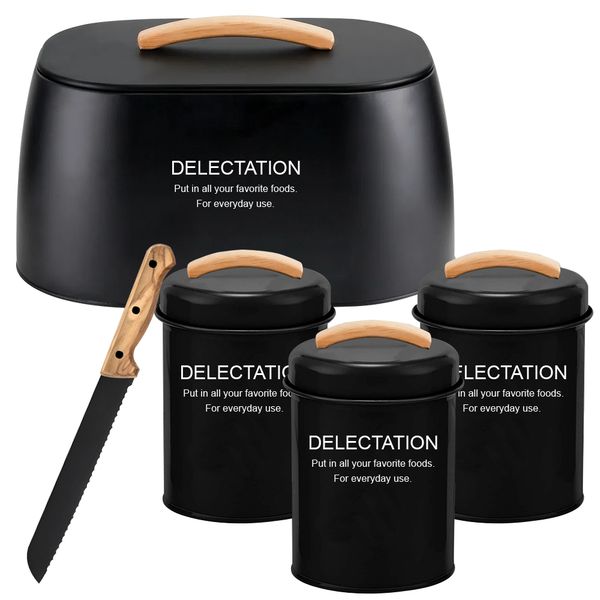 Metal Bread Holder with Bamboo Handle with Matching Canister Combo Set