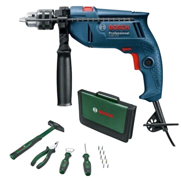 Bosch - Corded Impact Drill (GSB 570) with 14Pce Hand Tool Set