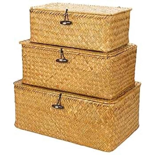 Home 3 Piece Rectangle Storage Baskets with Lids - Rattan &amp; Seagrass Style
