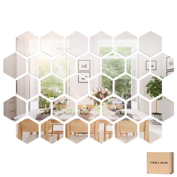 TopikaHome-36 x Hexagon Acrylic Mirror Wall Silver Stickers, DIY Home Decor