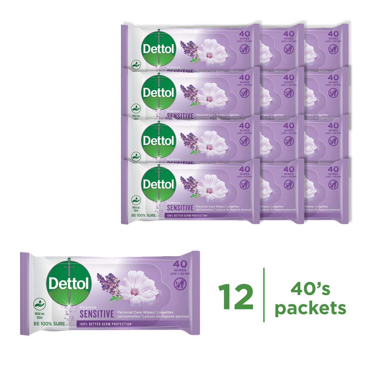 Dettol 12x40s Personal Care, Hygiene Wipes, Sensitive