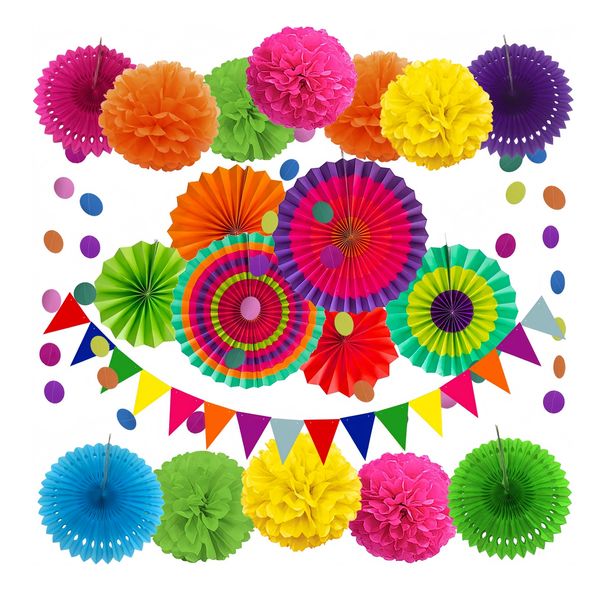 20 Pack Multi-Color Party Decor Set - Pom Poms &amp; Paper Fans,for Festival