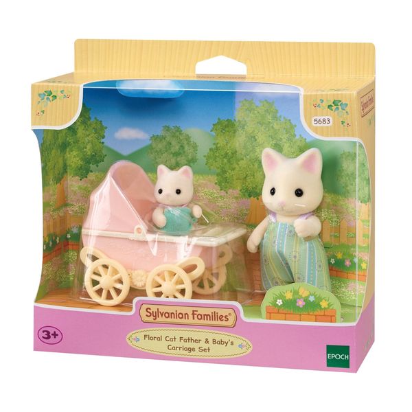 Sylvanian Families Floral Cat Father &amp; Babys Carriage Set