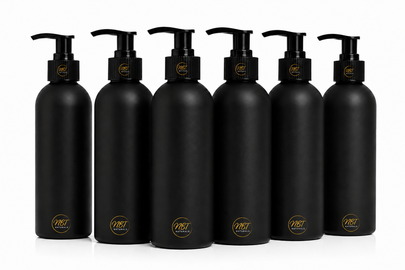 NBT Naturals-250ml Black HDPE Boston Empty Bottle&amp; Lotion Pump 24mm-25Pack