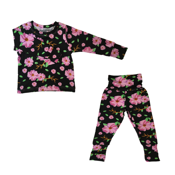Pajamas Set Kids Winter - Fold Over Cuffs - Black with Pink Floral