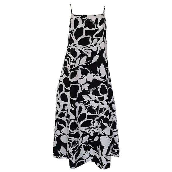 Ladies Flower Pattern Strap Dress - White and Black