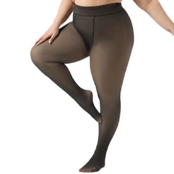 Plus Size Fleece Lined Tights Women Thermal Winter Warm Black Translucent