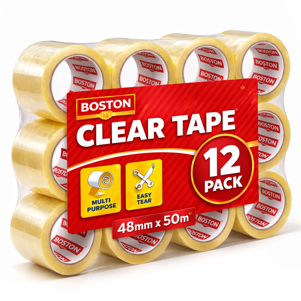 Boston DIY Multipurpose Clear Packing Tape 12 Pack (48mm x 50m)-Strong Bond
