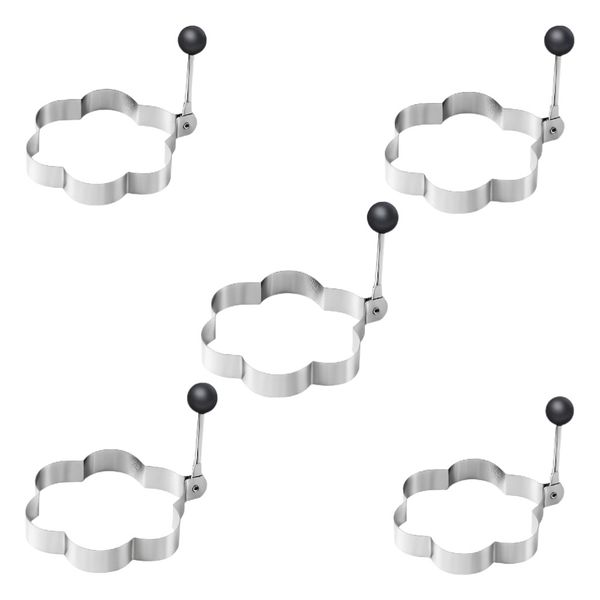 5 Pack - Flower-Shaped Omelette Ring With Silicone Handle - Silver &amp; Black